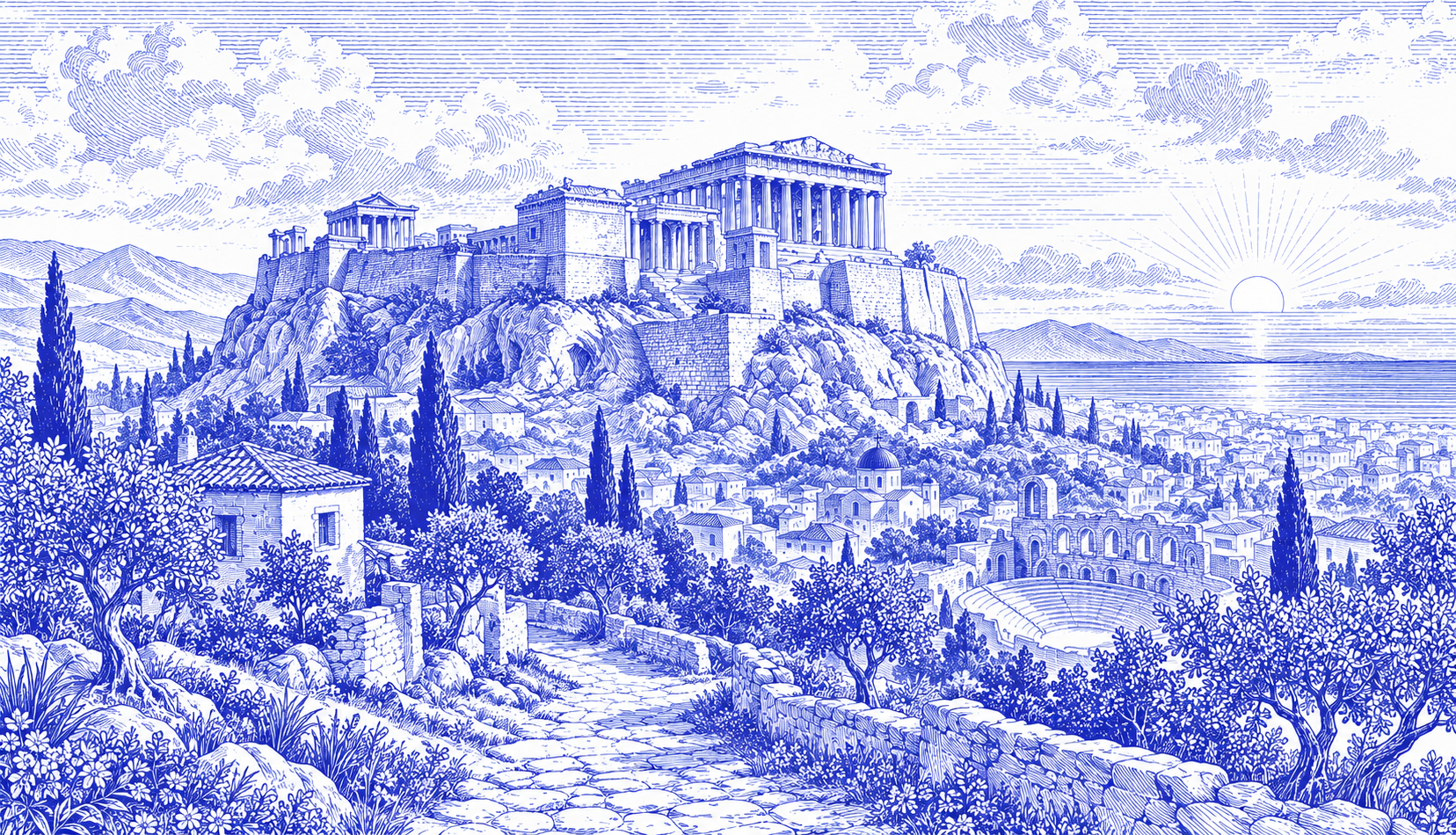 Blue line drawing of the Acropolis above an ancient city and market